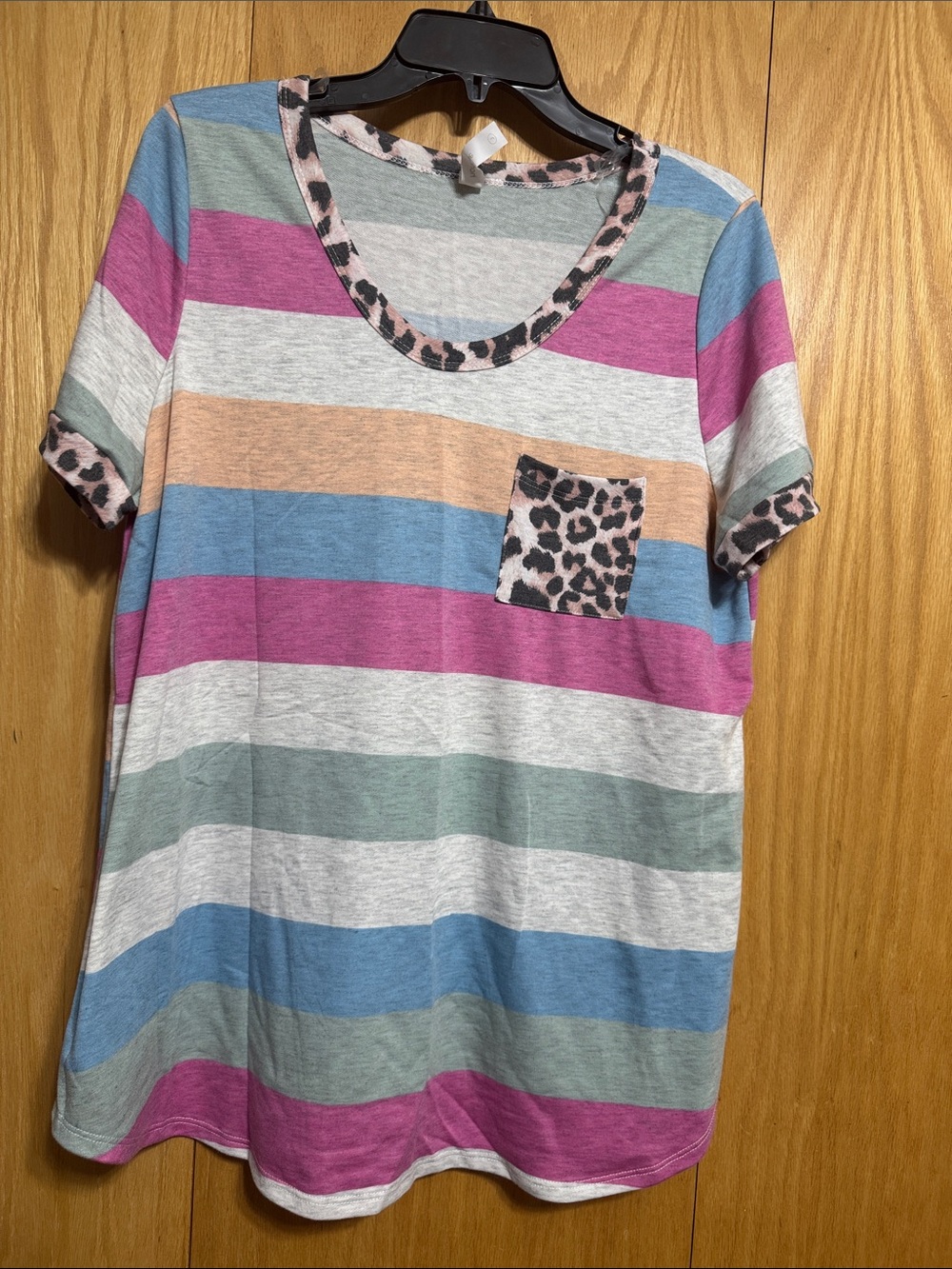 Honeyme Pink, Gray, Blue & Cream Striped Tee with Leopard Trim